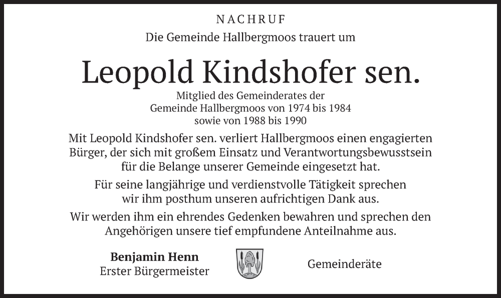  Traueranzeige für Leopold Kindshofer vom 31.05.2025 aus merkurtz