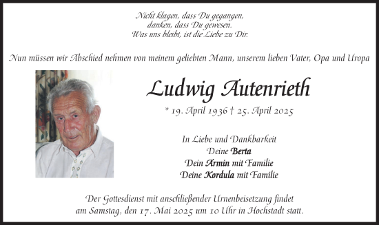 Traueranzeige von Ludwig Autenrieth von merkurtz