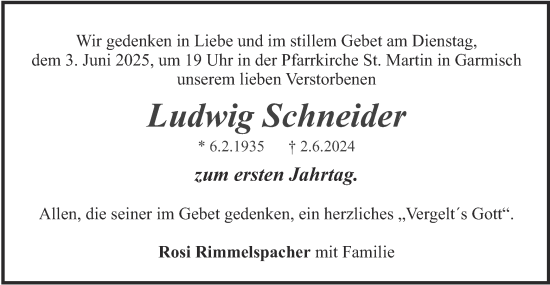 Traueranzeige von Ludwig Schneider von merkurtz