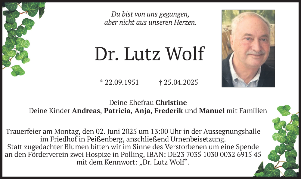  Traueranzeige für Lutz Wolf vom 28.05.2025 aus merkurtz