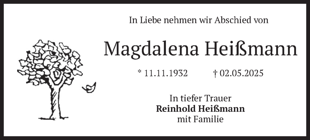  Traueranzeige für Magdalena Heißmann vom 10.05.2025 aus merkurtz