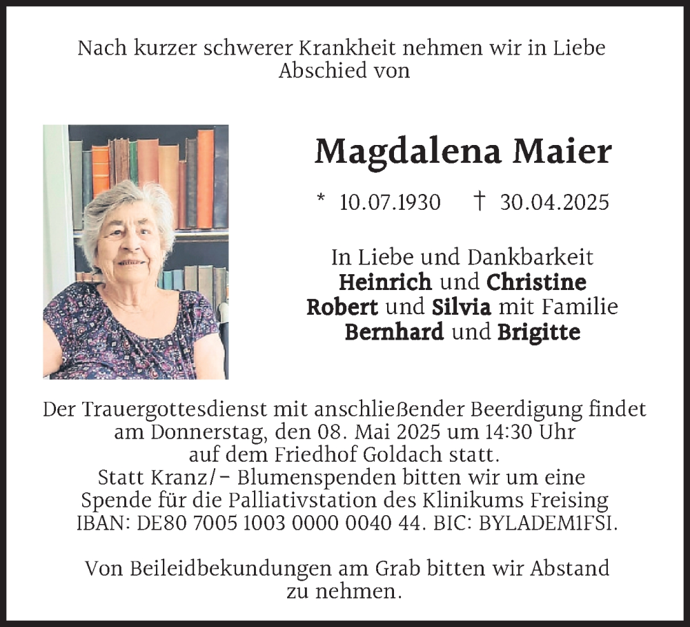 Traueranzeige für Magdalena Maier vom 03.05.2025 aus merkurtz