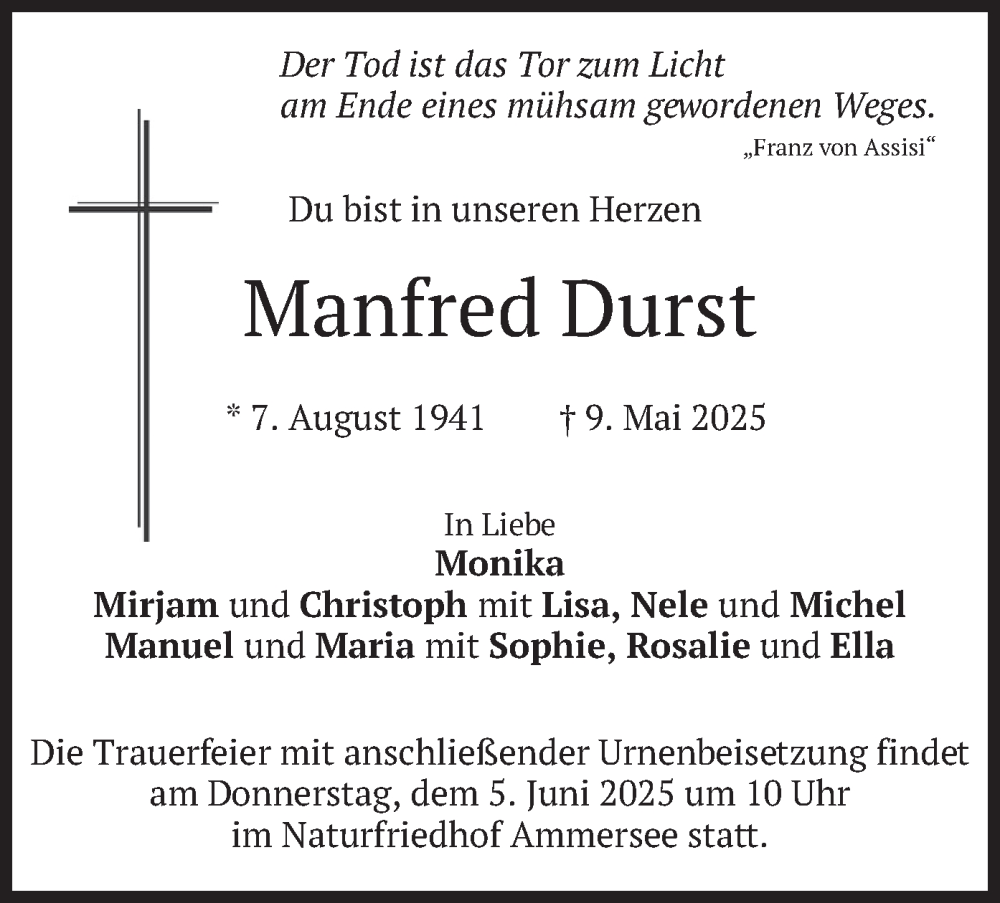  Traueranzeige für Manfred Durst vom 31.05.2025 aus merkurtz