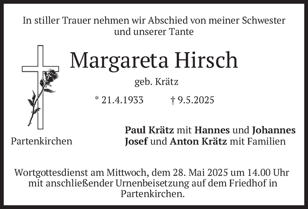  Traueranzeige für Margareta Hirsch vom 24.05.2025 aus merkurtz