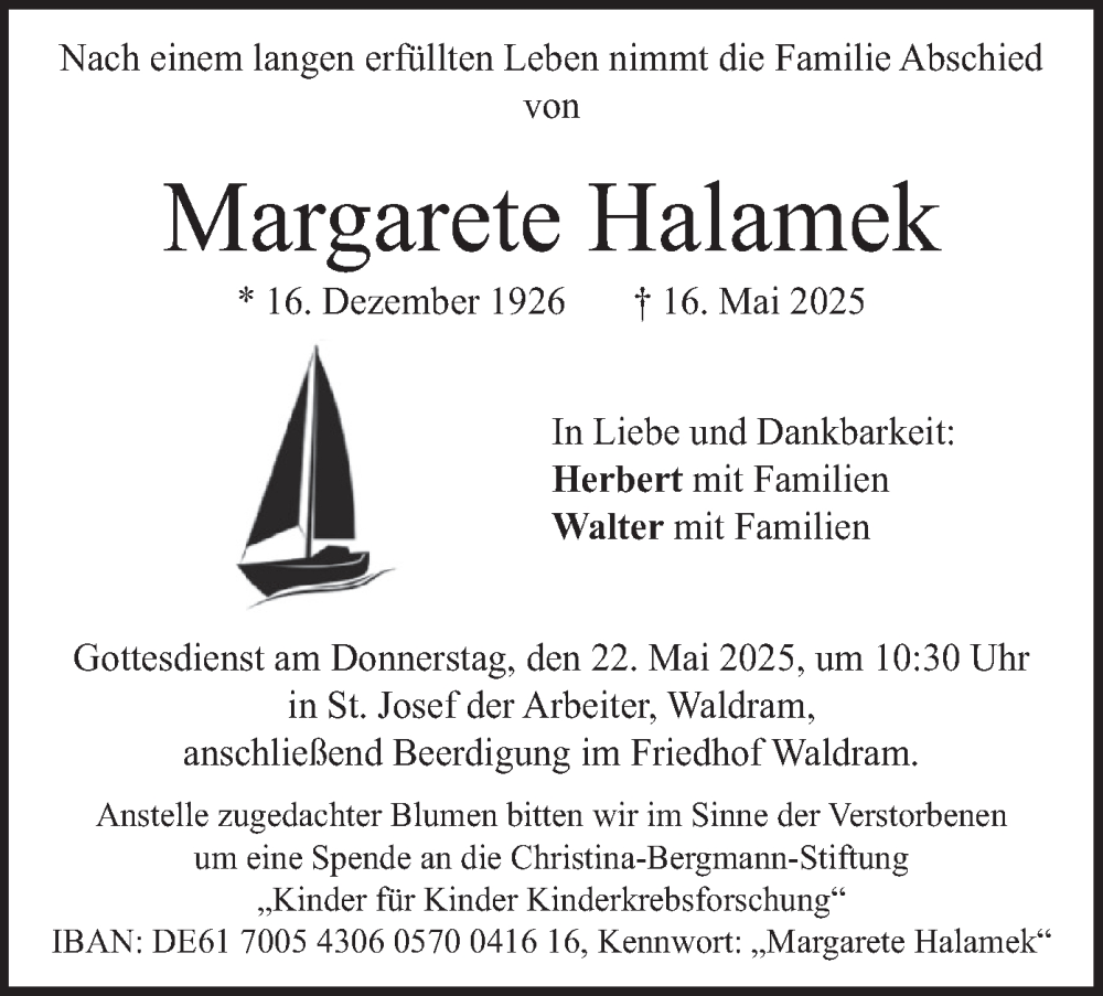  Traueranzeige für Margarete Halamek vom 20.05.2025 aus merkurtz