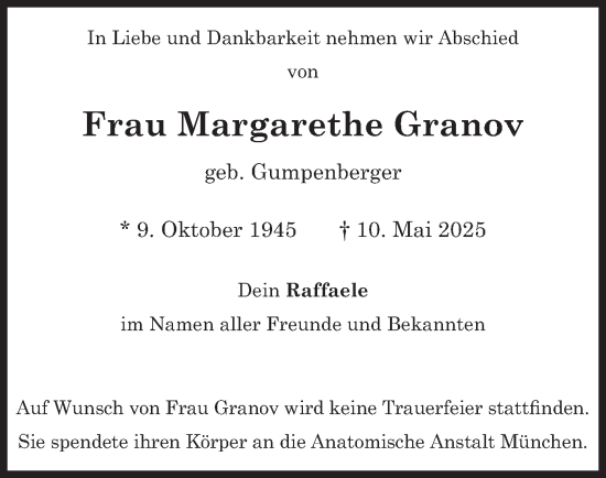 Traueranzeige von Margarethe Granov von merkurtz