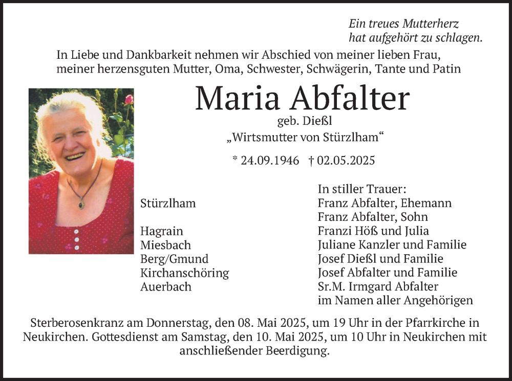  Traueranzeige für Maria Abfalter vom 07.05.2025 aus merkurtz