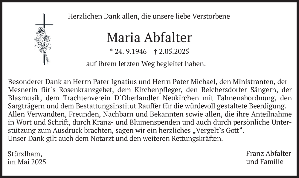  Traueranzeige für Maria Abfalter vom 24.05.2025 aus merkurtz
