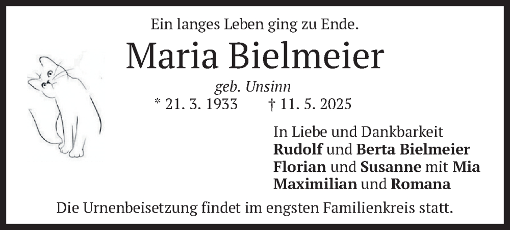  Traueranzeige für Maria Bielmeier vom 17.05.2025 aus merkurtz