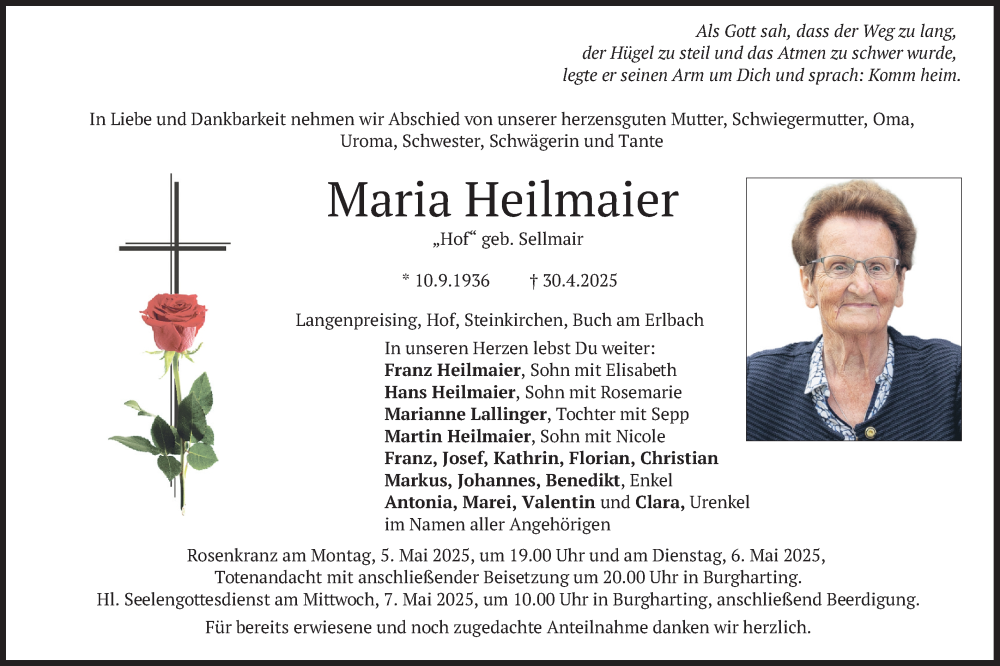  Traueranzeige für Maria Heilmaier vom 03.05.2025 aus merkurtz