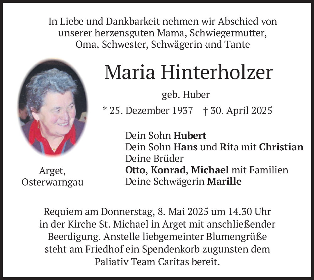  Traueranzeige für Maria Hinterholzer vom 03.05.2025 aus merkurtz