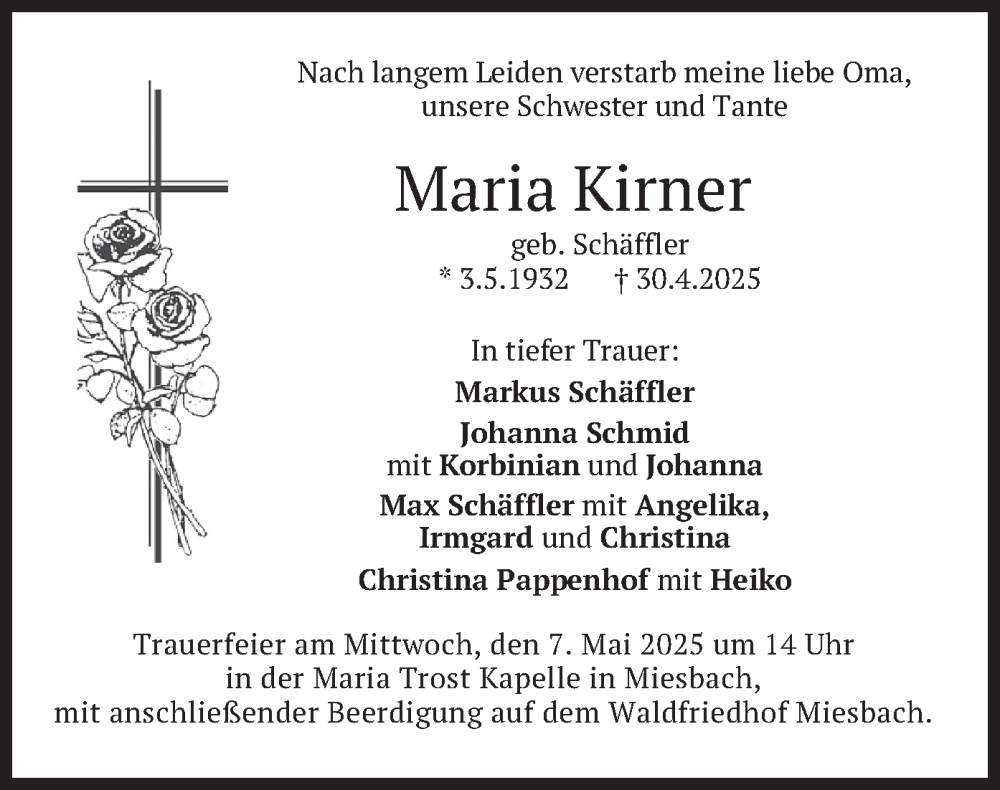  Traueranzeige für Maria Kirner vom 03.05.2025 aus merkurtz