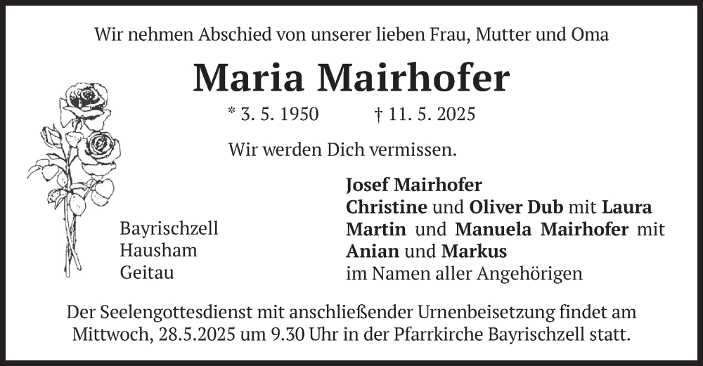  Traueranzeige für Maria Mairhofer vom 24.05.2025 aus merkurtz