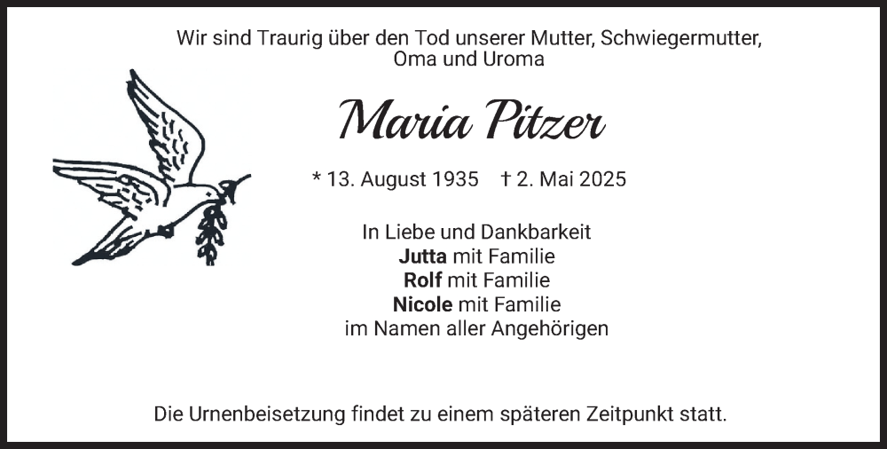  Traueranzeige für Maria Pitzer vom 10.05.2025 aus merkurtz