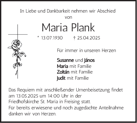 Traueranzeige von Maria Plank von merkurtz