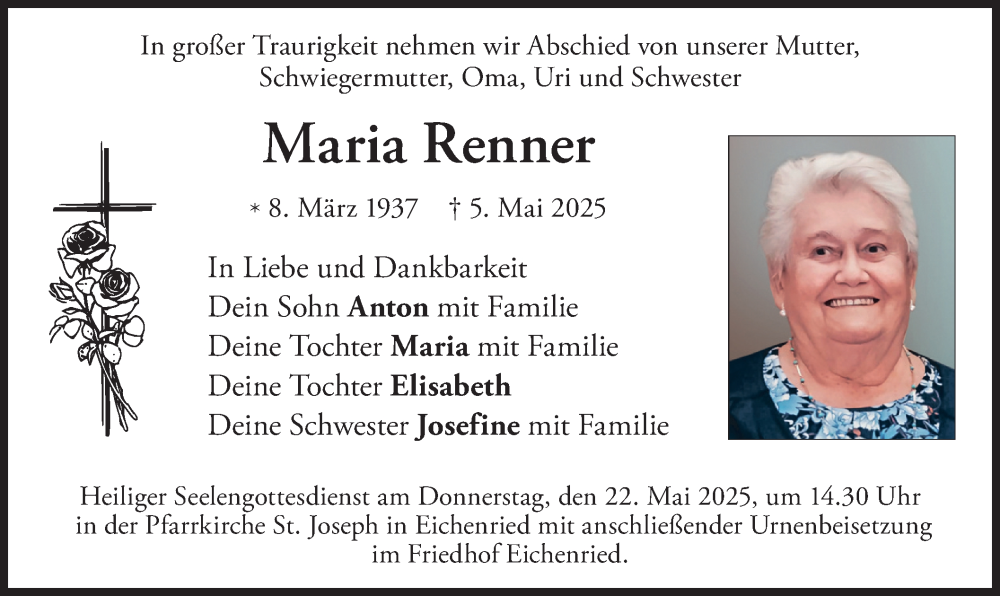  Traueranzeige für Maria Renner vom 17.05.2025 aus merkurtz