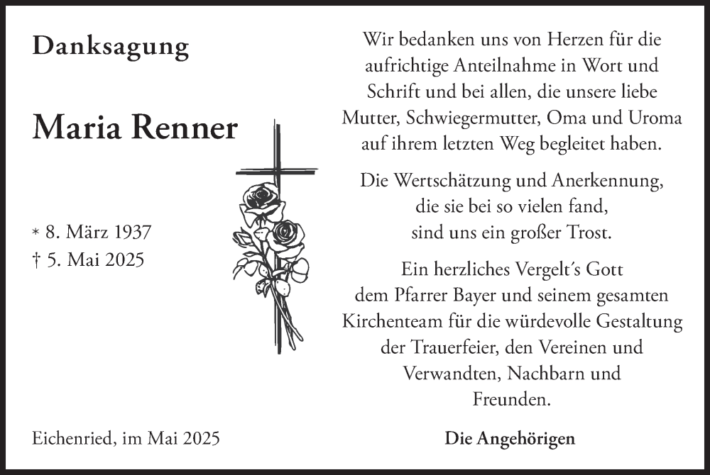  Traueranzeige für Maria Renner vom 28.05.2025 aus merkurtz