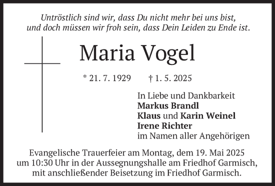 Traueranzeige von Maria Vogel von merkurtz