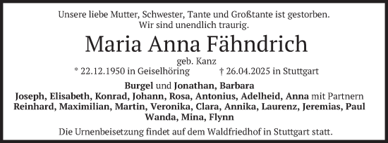 Traueranzeige von Maria Anna Fähndrich von merkurtz