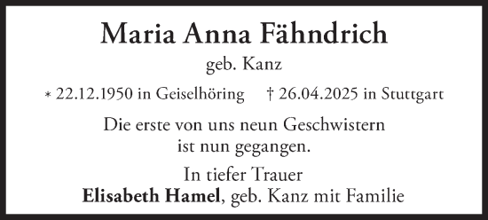Traueranzeige von Maria Anna Fähndrich von merkurtz