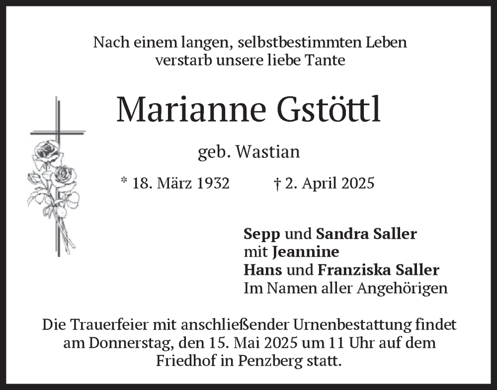  Traueranzeige für Marianne Gstöttl vom 10.05.2025 aus Das Gelbe Blatt Penzberg