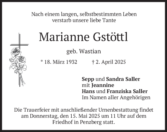 Traueranzeige von Marianne Gstöttl von merkurtz