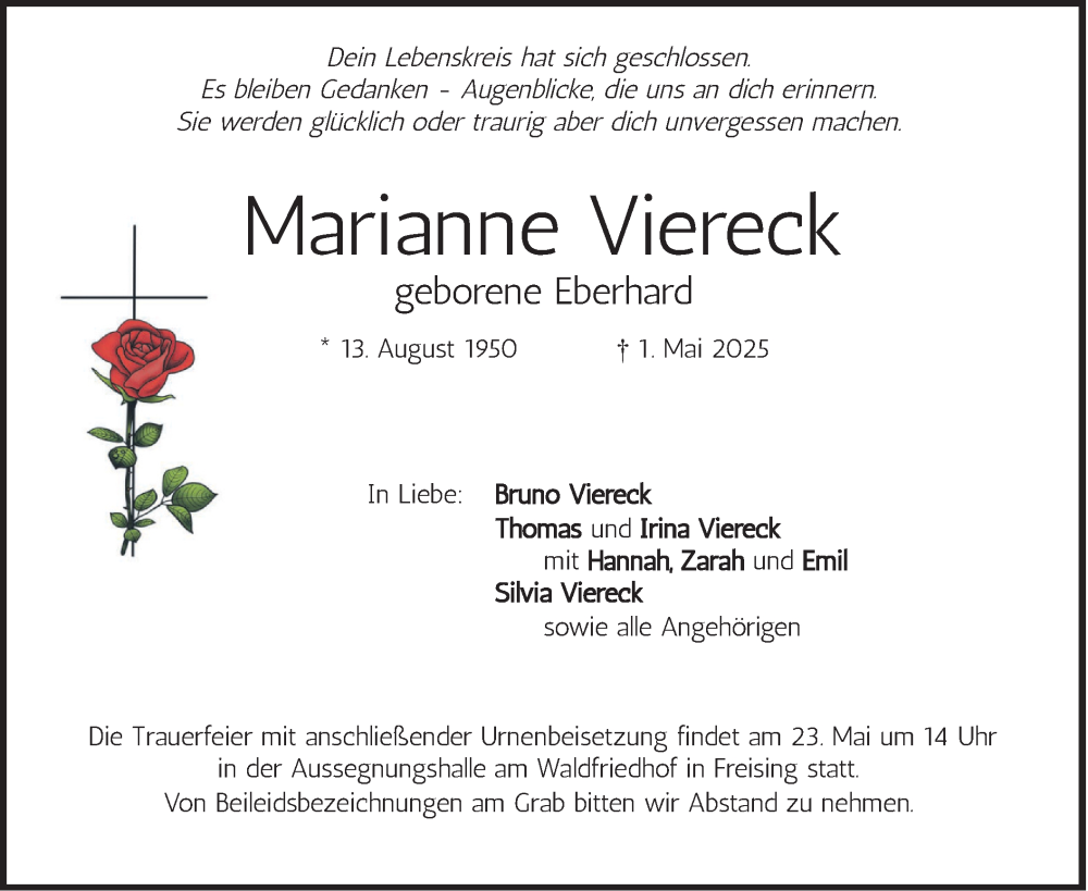  Traueranzeige für Marianne Viereck vom 17.05.2025 aus merkurtz