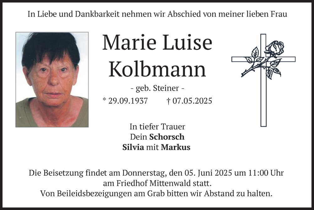  Traueranzeige für Marie Luise Kolbmann vom 31.05.2025 aus merkurtz