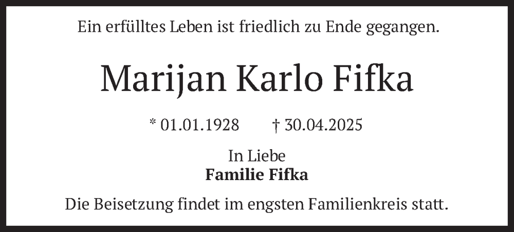  Traueranzeige für Marijan Karlo Fifka vom 10.05.2025 aus merkurtz