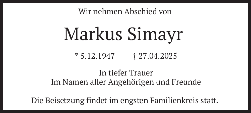  Traueranzeige für Markus Simayr vom 10.05.2025 aus merkurtz