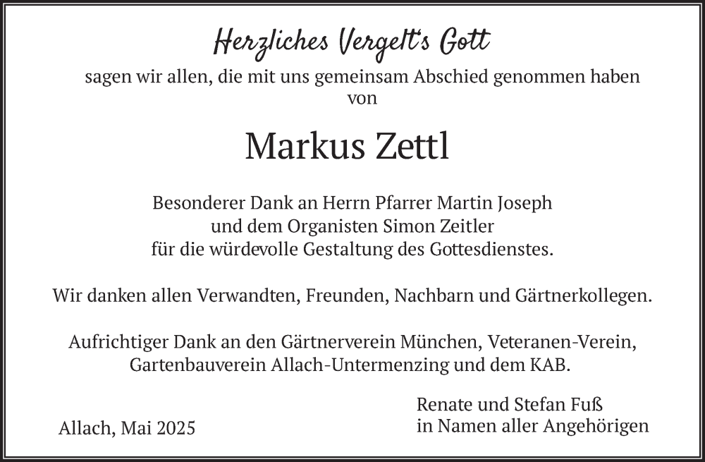  Traueranzeige für Markus Zettl vom 17.05.2025 aus merkurtz