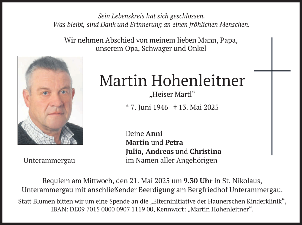  Traueranzeige für Martin Hohenleitner vom 17.05.2025 aus merkurtz