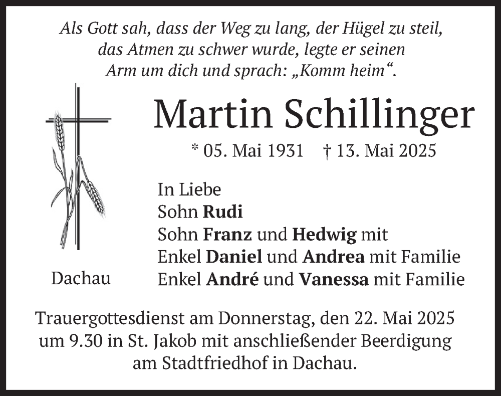  Traueranzeige für Martin Schillinger vom 17.05.2025 aus merkurtz