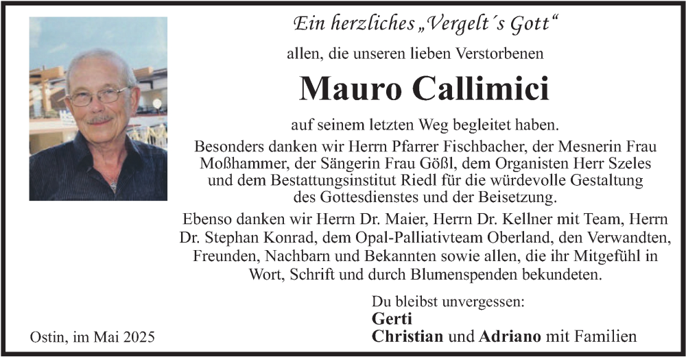  Traueranzeige für Mauro Callimici vom 31.05.2025 aus merkurtz