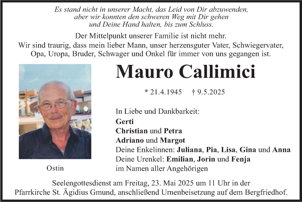  Traueranzeige für Mauro Callimici vom 17.05.2025 aus merkurtz