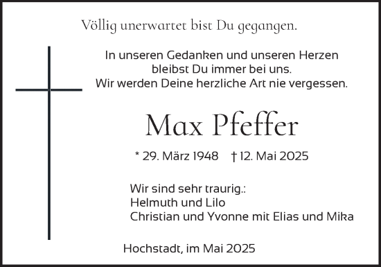 Traueranzeige von Max Pfeffer von merkurtz