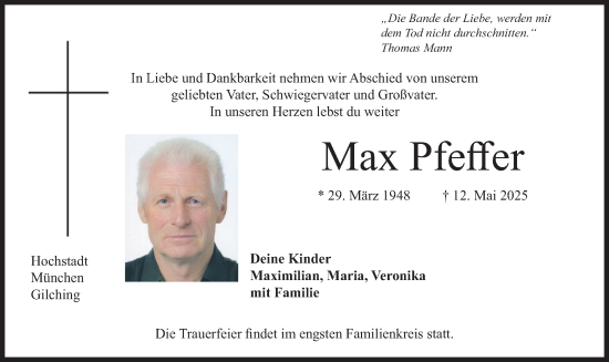 Traueranzeige von Max Pfeffer von merkurtz
