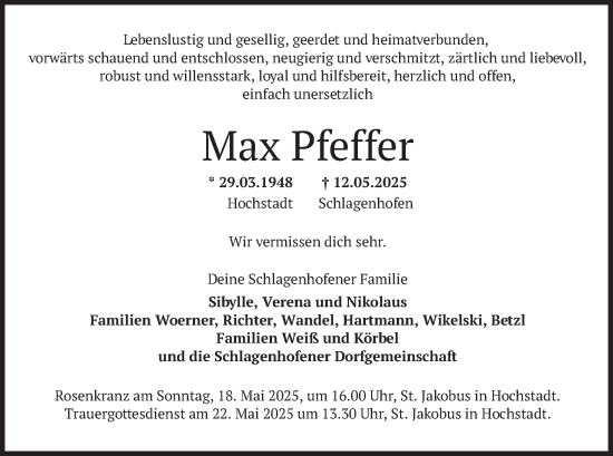 Traueranzeige von Max Pfeffer von merkurtz