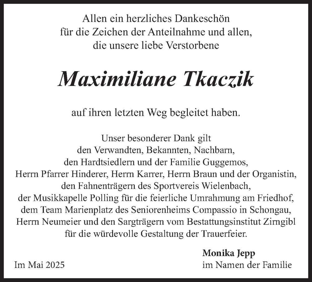  Traueranzeige für Maximiliane Tkaczik vom 17.05.2025 aus merkurtz