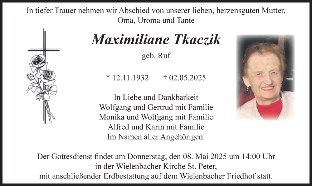  Traueranzeige für Maximiliane Tkaczik vom 07.05.2025 aus merkurtz