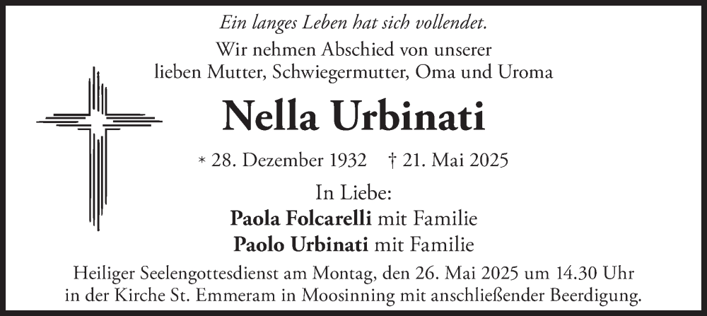  Traueranzeige für Nella Urbinati vom 24.05.2025 aus merkurtz