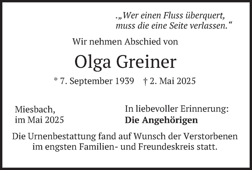  Traueranzeige für Olga Greiner vom 17.05.2025 aus merkurtz