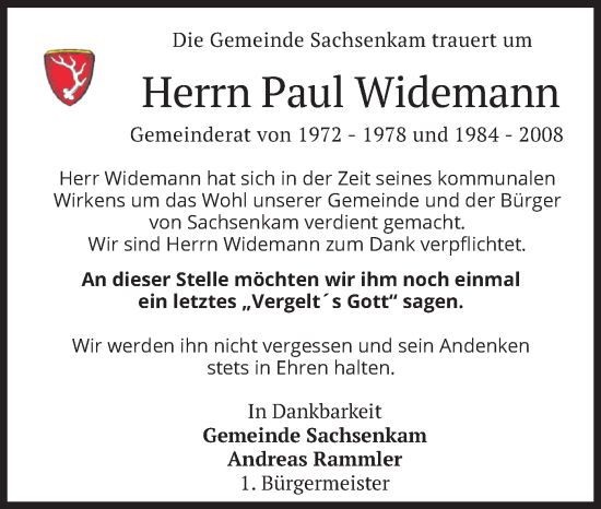 Traueranzeige von Paul Widemann von merkurtz