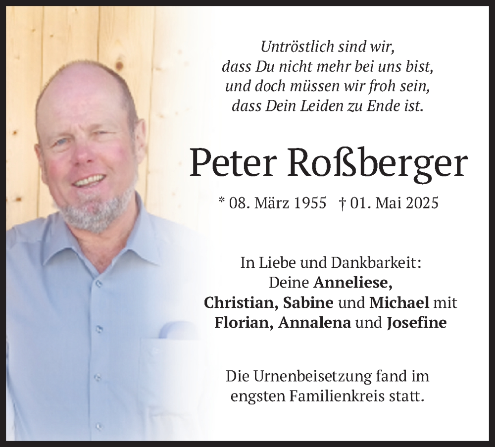  Traueranzeige für Peter Roßberger vom 17.05.2025 aus merkurtz