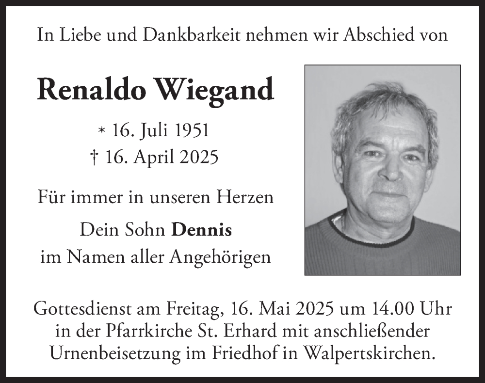  Traueranzeige für Renaldo Wiegand vom 14.05.2025 aus merkurtz