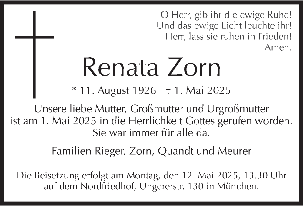  Traueranzeige für Renata Zorn vom 10.05.2025 aus merkurtz
