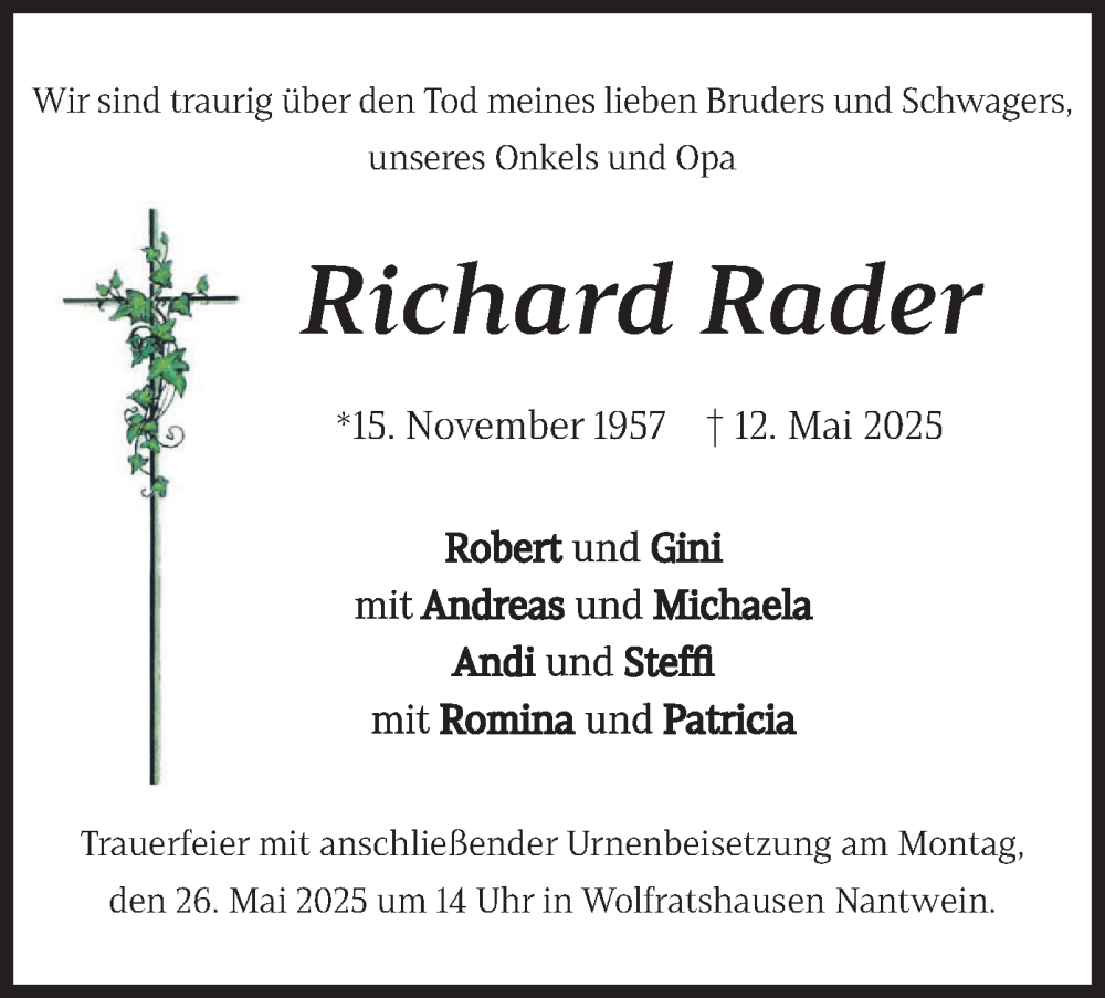  Traueranzeige für Richard Rader vom 17.05.2025 aus merkurtz