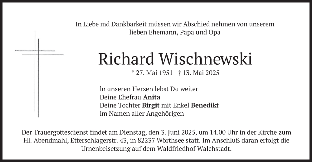  Traueranzeige für Richard Wischnewski vom 24.05.2025 aus merkurtz