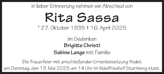 Traueranzeige von Rita Sassa von merkurtz