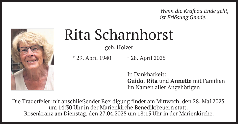  Traueranzeige für Rita Scharnhorst vom 24.05.2025 aus merkurtz